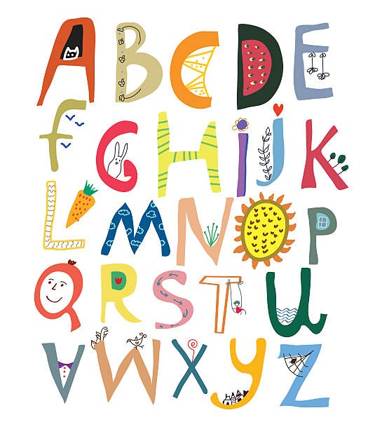 Funny alphabet for kids with faces, vegetables, flowers and animals vector art illustration
