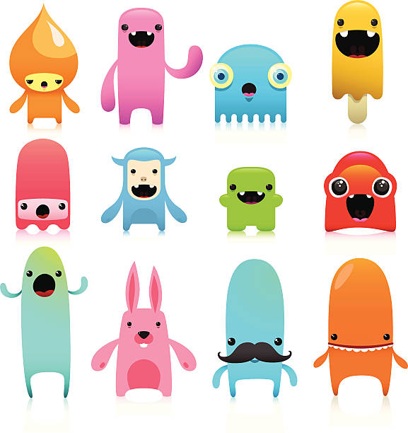 Funny And Cute Vector Character Set 12 cute characters with different expressions. fictional character stock illustrations