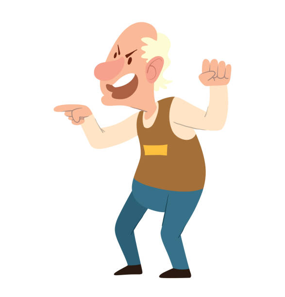 Funny angry balding old man Vector cartoon image of a funny angry balding old man with gray hair  in blue pants and brown vest standing and screaming at someone on a white background. Retired, elderly. Vector illustration. old man crying stock illustrations