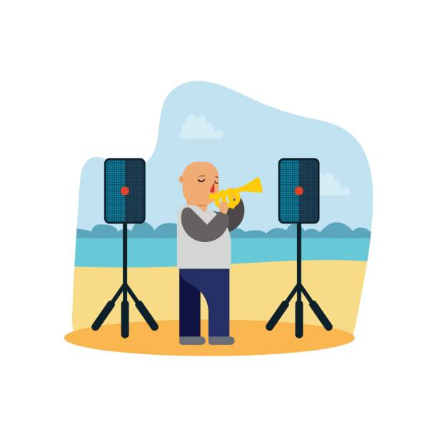 ilustrações de stock, clip art, desenhos animados e ícones de funny bald musician is playing a trumpet musical instrument in the beach, cartoon character - bald beach