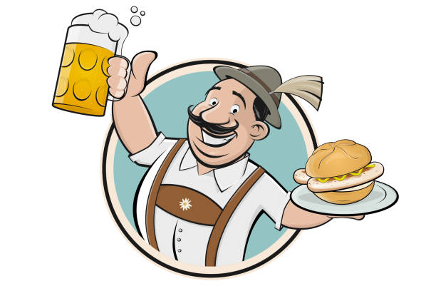 lustiger bayerischer cartoon-mann serviert bayerische spezialität bratwurstsemmel und bier - bratwurst stock-grafiken, -clipart, -cartoons und -symbole