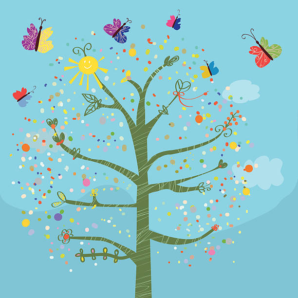 Funny card with tree and butterflies vector art illustration