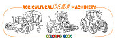 Cotton harvester or combine, lawn mower and tractor coloring book for kids. Small funny vector cute cars with eyes and mouth. Children vector illustration. Agricultural machinery coloring book set