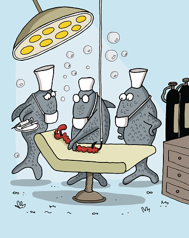 Funny cartoon about fish as doctors