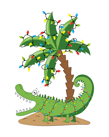 Funny cartoon alligator in island with chrsitmas palm tree and garlands.