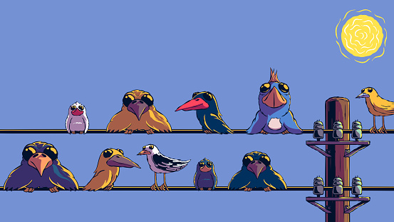 Funny cartoon banner illustration - Birds on wires.