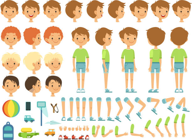 Funny cartoon boy creation mascot kit with children toys and different body parts Funny cartoon boy creation mascot kit with children toys and different body parts. Character cute boy constructor, body part hand and leg. Vector illustration boys stock illustrations