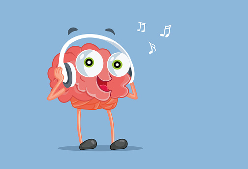Funny Cartoon Brain Listening to Music
