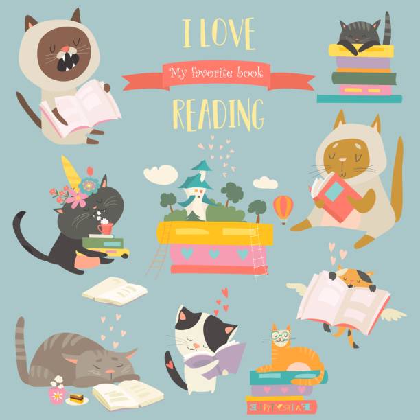 ilustrações de stock, clip art, desenhos animados e ícones de funny cartoon cats reading books. vector set - book cat