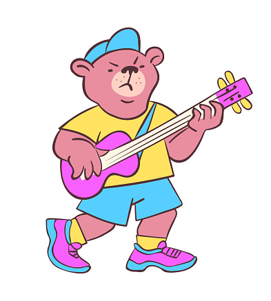 Funny cartoon character isolated on white background, tough bear playing bass guitar. Animal musician. Rock band member. Punk show. Alternative music gig. Cool t-shirt print. Comic style mascot/logo.