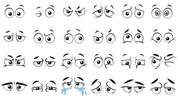 Funny cartoon eyes. Human eye, angry and happy facial eyes expressions vector illustration set Funny cartoon eyes. Human eye, angry and happy facial eyes expressions. Comic facial character caricature, human eye emotions doodle. Isolated vector illustration icons set eye symbols stock illustrations