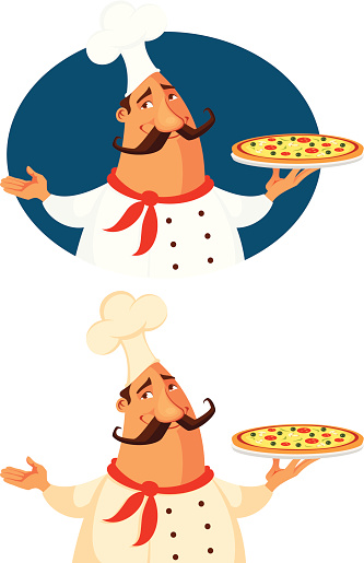 funny cartoon illustration of a pizza chef