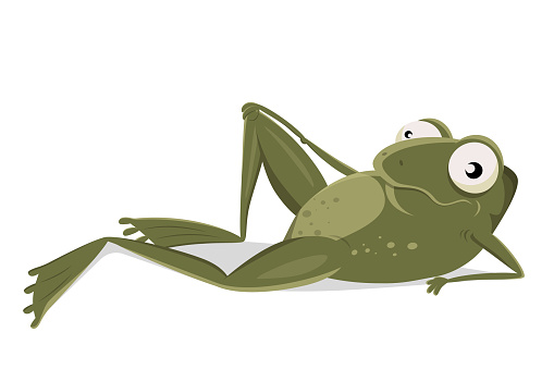 funny cartoon illustration of a relaxed frog lying on the ground