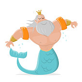 funny cartoon illustration of non-swimmer poseidon or neptune