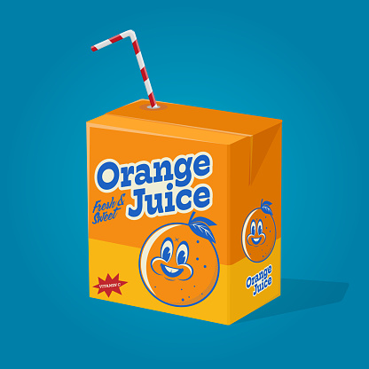 funny cartoon illustration of orange juice in cardboard beverage package