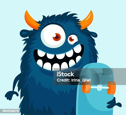 istock Funny cartoon monster with skateboard. 980958878