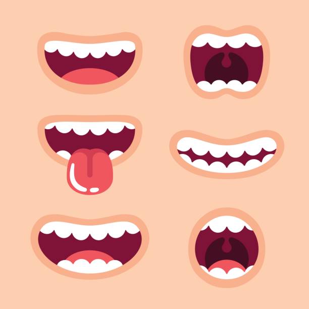 Funny cartoon mouths set Funny Cartoon mouths set with different expressions. Smile with teeth, sticking out tongue, surprised. Simple vector illustration. mouth open stock illustrations