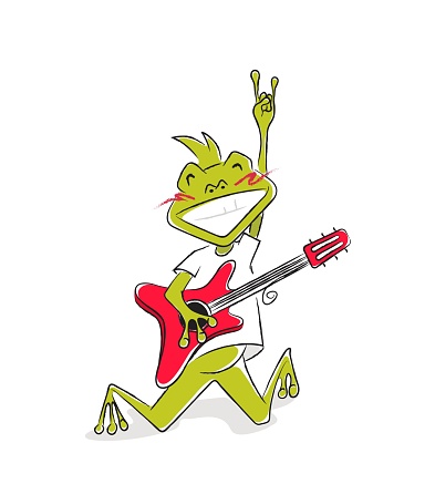 Funny cartoon rock star frog with guitar and rock n roll sign.