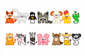 Funny cartoon word animals, vector set funny letters