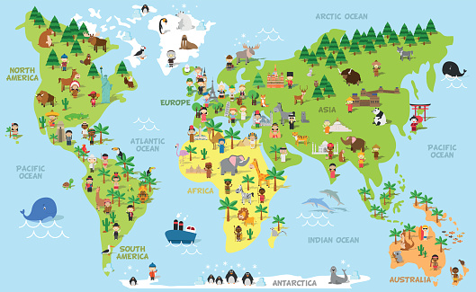 Funny cartoon world map with children, animals and monuments
