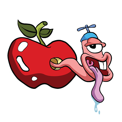 Funny cartoon worm in the apple.vector illustration.