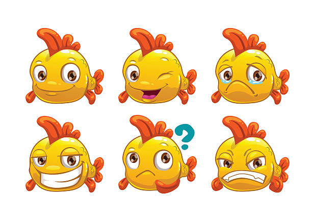 Funny cartoon yellow fish with different emotions Funny cartoon yellow fish with different emotions, isolated on white background, vector set cartoon fish stock illustrations