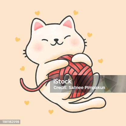 istock Funny cat playing with yarn cartoon hand drawn style 1181182598