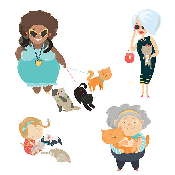 bildbanksillustrationer, clip art samt tecknat material och ikoner med funny cats with their owners - cat leash