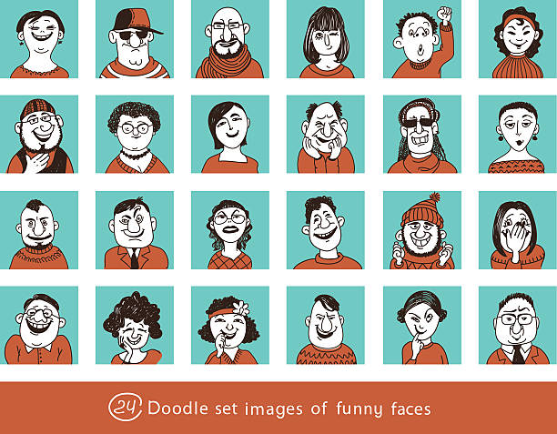 funny characters Doodle set happy faces cartoon characters men women.  Vector illustration. fine art portrait stock illustrations