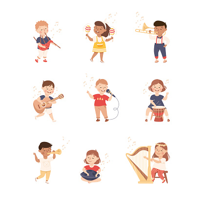 Funny Children Playing Musical Instrument Performing on Stage Vector Set