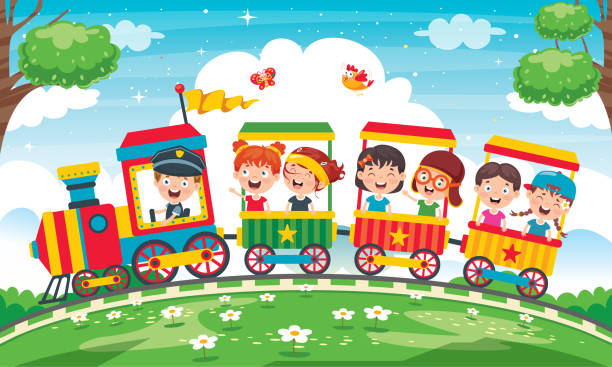 bildbanksillustrationer, clip art samt tecknat material och ikoner med roliga barn rider på tåget - friends riding