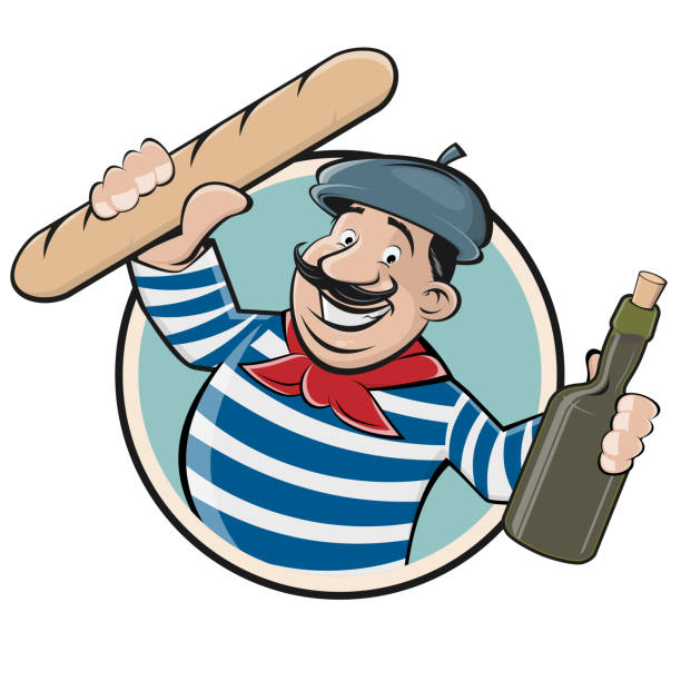 funny clipart of a french man with baguette and wine vector art illustration