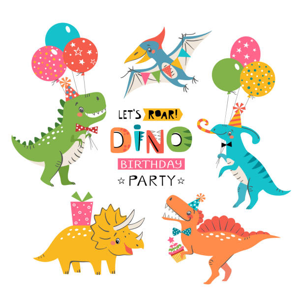 Funny cute colorful birthday party dinosaurs Set of cute dinosaurs for birthday party design isolated on white background. birthday clipart stock illustrations