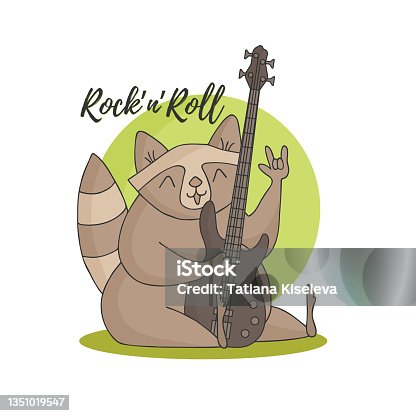 istock Funny cute raccoon with a bass guitar. Lettering Rock and Roll on the background of a green circle. 1351019547