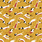 Funny dachshunds playing with insects seamless pattern.  Happy smart vector dogs wallpaper.