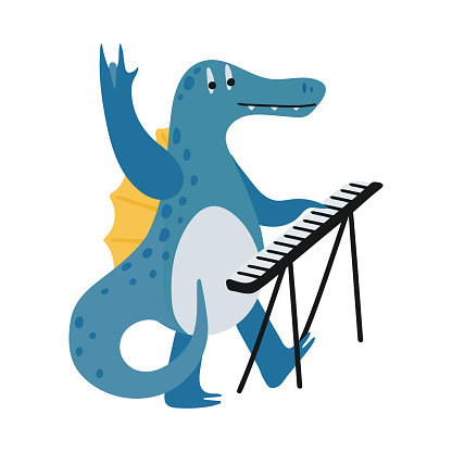 Funny dinosaur plays on an electronic piano in cartoon style isolated on a white background. Bright cute animal characters for kids. Vector illustration