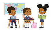 Funny diverse boy and girls classmates talking together at geography class enjoy multiracial friendship vector flat illustration. Happy schoolboy and schoolgirl in school uniform with laptop and books