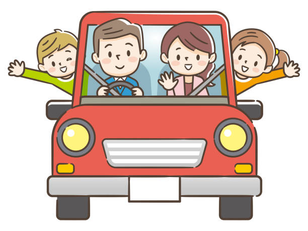 ilustrações de stock, clip art, desenhos animados e ícones de funny family driving in red car on weekend holiday. - family car