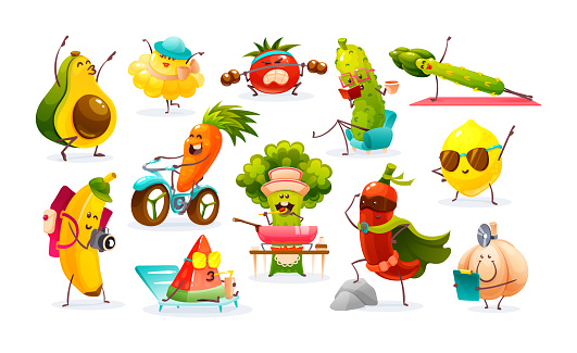 Funny fruits and vegetables cartoon character. Vegetables and fruits go in for sports, prepare food, ride a bike, relax, read, go hiking. Cute food characters isolated on background