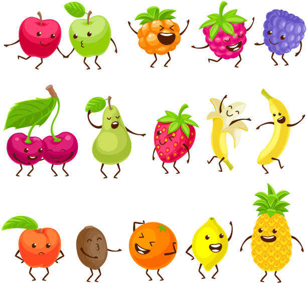 Funny fruits with faces set. Funny fruits with faces set. Cartoon characters vector illustration with cute healthy juicy fruits. Kawaii style. strawberry cartoon stock illustrations