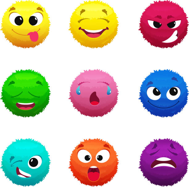 Funny furry faces of monsters. Puffy balls of different colors Funny furry faces of monsters. Puffy balls of different colors. Hair fur ball face, creative fluffy monster sphere, vector illustration monster fictional character stock illustrations