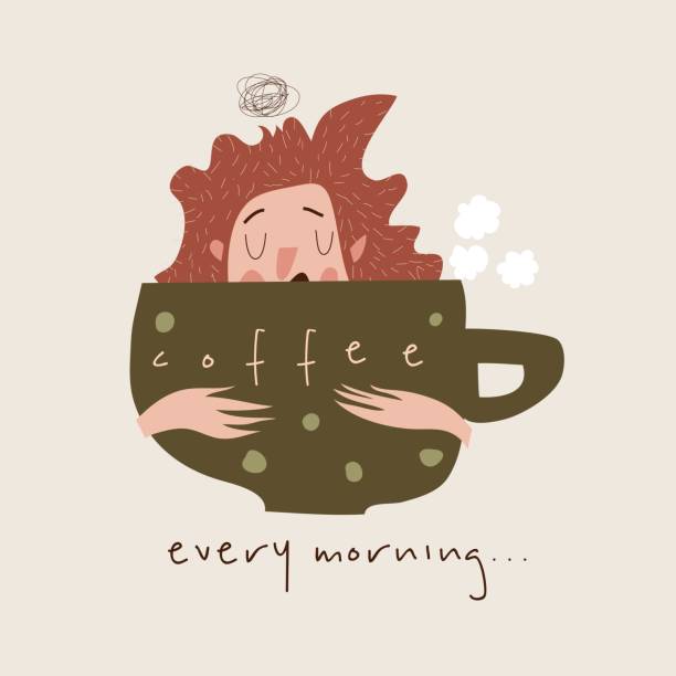 zabawna dziewczyna pije z gigantycznego kubka do kawy - curley cup stock illustrations