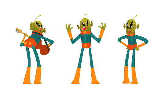 Funny Green Alien Visitor with Antenna Playing Guitar and Grimacing Vector Set