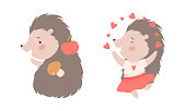 Funny Grey Hedgehog Carrying Apple on Its Back and Dancing with Heart Vector Set. Cute Spiny Mammal as Forest Creature Enjoying Different Activity Concept