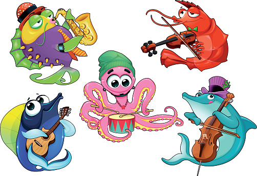 Funny group of musician sea animals