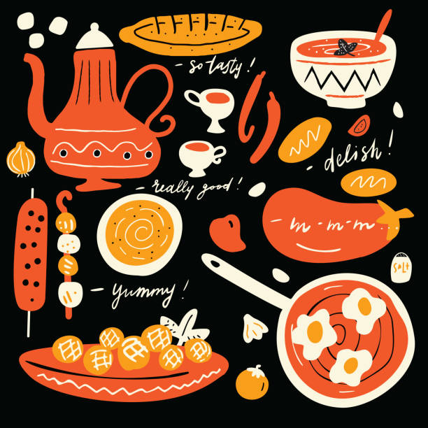 lustige, handgezeichnete illustration der traditionellen mittelostküche mit handgeschriebenen zitaten über leckeres essen. bunte elemente auf schwarzem hintergrund. - hummus stock-grafiken, -clipart, -cartoons und -symbole