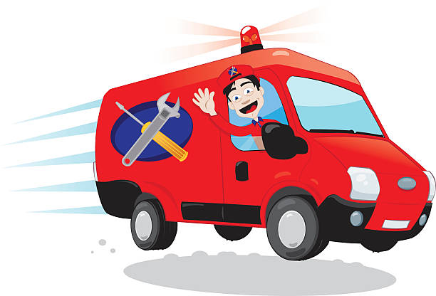 stockillustraties, clipart, cartoons en iconen met funny handyman driving a van - express assistance concept - fixing car pain