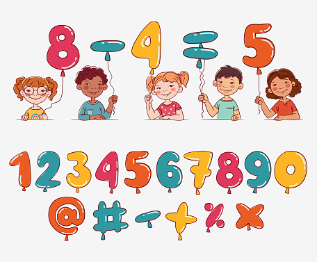 ✓ Imagen de Niños de dibujos animados con 123 números, niños con números,  ilustración vectorial de fondo Fotografía de Stock