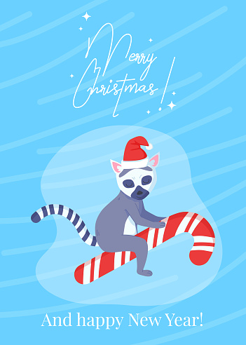 Funny lemur in christmas hat on the candy cane greeting card
