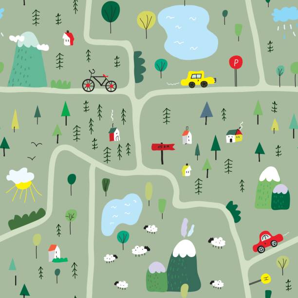 lustige karte musterdesign mit natur-, landschafts- und camping - vektor-illustration - lustige autos stock-grafiken, -clipart, -cartoons und -symbole